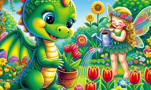 Un piccolo drago dalle scaglie verdi brillanti, con grandi occhi lucenti e un sorriso gioioso, sta piantando fiori colorati in un giardino soleggiato. Accanto a lui, una fata dalle ali scintillanti e dai capelli dorati, vestita con un abito di petali, sorride benevolmente mentre tiene un annaffiatoio magico, pronta ad annaffiare i fiori. Il giardino è pieno di fiori dai colori vivaci: tulipani rossi, narcisi gialli e fiordalisi, circondati da una lussureggiante vegetazione. Gli uccelli cantano sugli alberi, e un cielo blu chiaro illumina la scena. Il piccolo drago e la fata lavorano insieme con entusiasmo per creare un magnifico giardino primaverile, riempiendo l'aria di gioia e magia.