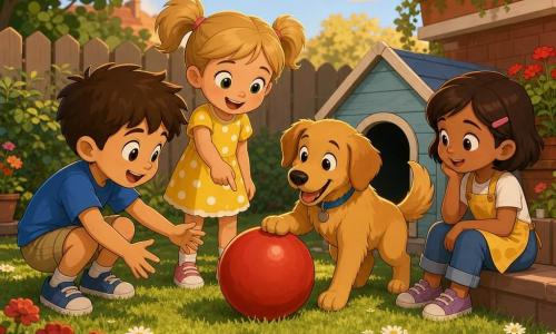 Ci sono quattro personaggi: Luca, bambino di ~6 anni, capelli castani spettinati, maglietta blu e pantaloncini kaki, accovacciato a sinistra mentre tende la mano verso una grande palla rossa; Mia, bambina di ~5 anni, capelli biondi in due code, vestito giallo a pois bianchi, al centro in piedi che sorride e indica la palla; Sara, bambina di ~5 anni, capelli castano corti, piccolo grembiule giallo, a destra seduta su un gradino che guarda curiosa; Charlie, cane di taglia media dal pelo dorato, davanti a una cuccia di legno azzurra con la zampa sulla palla. Ambientazione: piccolo giardino di quartiere soleggiato con prato verde e margherite, cuccia azzurra, vasi di fiori rossi, basso recinto e balcone in mattone; texture semplici, erba morbida, legno venato, cielo azzurro con una nuvola. Situazione: i bambini ritrovano la grande palla rossa vicino alla cuccia del cane, espressioni di gioia e scoperta, composizione chiara a semicerchio attorno alla palla, colori vivaci e luce calda serale per un'atmosfera rassicurante.