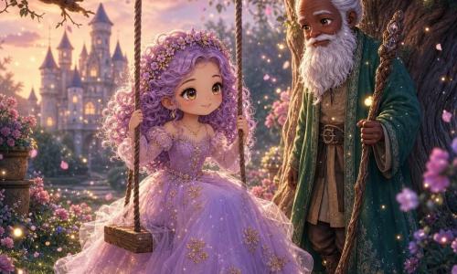 Principessa (circa 12 anni): giovane sorridente dai lineamenti dolci, viso rotondo, occhi ambrati, capelli lilla ricci, vestito di tulle color prugna con piccole decorazioni dorate, corona di fiori, seduta su un'antica altalena di legno che oscilla lentamente tenendo le corde; Saggio (uomo, circa 70 anni): uomo anziano con lunga barba bianca e capelli legati, mantello verde smeraldo consumato, in piedi accanto a una grande quercia, sguardo benevolo, tiene un bastone intagliato osservando la principessa; Uccellino blu: piccolo uccello azzurro acceso su un ramo vicino, piume lucenti e sguardo curioso; Luogo: giardino segreto del castello al crepuscolo, prato morbido cosparso di piccole fiori rosa, alberi secolari con tronchi rugosi, raggi dorati filtrano tra le foglie, petali che fluttuano; Situazione: la principessa ridà vita all'altalena dimenticata facendola oscillare dolcemente in un momento pacifico e luminoso, atmosfera magica e soffice con colori pastello e dettagli adorabili.