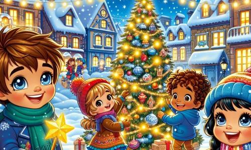 In una città incantevole e innevata, quattro bambini si trovano al centro di una piazza illuminata da luci scintillanti. Marco, un ragazzo di 10 anni con i capelli castani e gli occhi vivaci, sorride tenendo una grande stella dorata. A sinistra, Giulia, una ragazza di 9 anni con i capelli biondi ricci e un berretto rosso, appende decorazioni su un grande albero di Natale. A destra, Luca, un ragazzo di 10 anni con occhiali rotondi e capelli castani, ride mentre tiene una ghirlanda luminosa. Infine, Sara, una ragazza di 8 anni con trecce nere e un cappotto blu, danza felicemente attorno all'albero, avvolta in una sciarpa colorata. La scena si svolge in una piccola città magica, con case coperte di neve e un enorme albero di Natale che brilla, circondato da piccoli elfi e abitanti gioiosi. I bambini decorano l'albero con luci colorate e ornamenti brillanti, creando un'atmosfera festosa mentre la neve cade dolcemente attorno a loro, aggiungendo un tocco di magia a questa meravigliosa celebrazione di Natale.