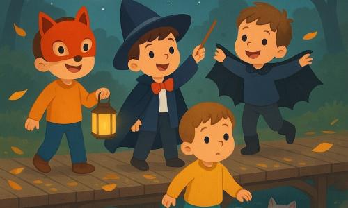 Hay 4 niños: - Un niño llamado Tomás, de 5 años, lleva una brillante máscara de zorro roja y está a la izquierda, sosteniendo una linterna que ilumina su rostro sonriente. - Un niño llamado Bruno, de 5 años, lleva una capa de murciélago negra y está a la derecha, con los brazos extendidos como si estuviera a punto de volar. - Un niño llamado Nico, de 5 años, está en el centro, vestido con un traje de mago con una varita de cartón, apuntando al cielo estrellado. - Un niño llamado Dani, de 5 años, está ligeramente hacia adelante, llevando botas que hacen 