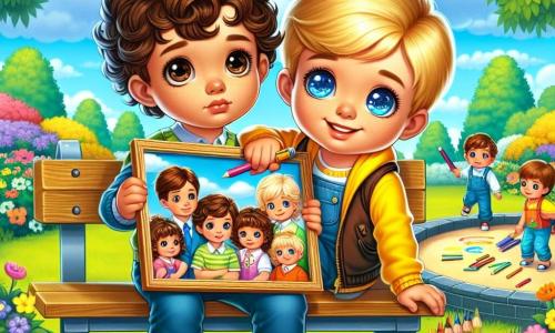 Two six-year-old boys, Leo and Max, are at the center of the image. Leo, with curly brown hair and large brown eyes, is sitting on a park bench, holding a colorful drawing of his family. Next to him, Max, with straight blonde hair and sparkling blue eyes, is standing, smiling and holding a pencil, ready to draw. The park is bright and cheerful, with lush green trees and colorful flowers lining the path. In the background, there is a large sandbox where other children are playing, and a blue sky dotted with fluffy white clouds. The main scene shows Leo and Max discussing Leo's feelings about being separated from his parents. Leo looks thoughtful while Max listens attentively, creating an atmosphere of support and friendship. The two boys are surrounded by colorful drawings they made together, symbolizing their bond and ability to share their emotions.