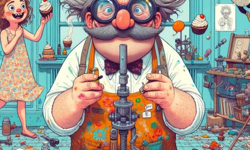 Un hombre, Don Manuel, está en el centro de la imagen, con el cabello alborotado y unas enormes gafas que se deslizan por su nariz. Lleva un delantal colorido, lleno de manchas de pintura, y tiene una gran sonrisa de emoción en su rostro mientras sostiene una boquilla de su invención, el Cazador de Sueños de Comida, que humea ligeramente. A su lado, una niña de aproximadamente 8 años con cabello rizado observa con asombro. Ella lleva un vestido de flores y sostiene un pequeño pastel en sus manos, lista para lanzarlo en la boquilla. Al fondo, un niño de unos 10 años, con un sombrero de paja y gafas de sol, corre tras un pastel volador que escapa de la invención, riendo a carcajadas. El lugar es un taller colorido, lleno de herramientas, bocetos y máquinas extrañas, con paredes pintadas de azul claro y estanterías repletas de libros y juguetes. La situación principal muestra a Don Manuel probando su invención, mientras los pasteles voladores escapan del Cazador de Sueños de Comida, provocando un alegre desorden en el taller, con niños riendo y corriendo tras los dulces.