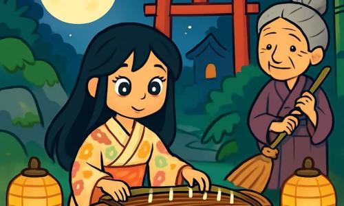 A young woman named Sayo, with long black hair and star-like bright eyes, plays the koto with a look of concentration and gentleness on her face. She wears a light kimono with floral patterns, sitting on a tatami cushion, surrounded by paper lanterns that emit a warm light. Next to her, Old Nana, an elderly woman with gray hair in a bun and wrinkles that tell stories, watches with a kind smile, holding a bamboo broom. She stands slightly back, like a guardian of traditions. The setting is a small Japanese shrine, with a bright red torii at the entrance, moss-covered stones, and bamboo swaying gently in the wind, creating a peaceful and magical atmosphere. The scene shows Sayo playing a soft melody, hoping to attract benevolent spirits to help her find a precious bowl, while the moonlight illuminates the shrine, adding a touch of mystery.