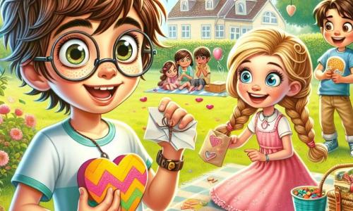 A 12-year-old boy, Max, with messy brown hair and round glasses, shows an expression of excitement and curiosity. He holds a colorful paper heart in one hand and looks around with sparkling eyes. Next to him is an 11-year-old girl, Lucy, with braided blonde hair wearing a pink dress, joyfully smiling while holding a small bag filled with candy. A 12-year-old boy, Jake, with brown hair and a blue t-shirt, leans forward, intrigued by an open book on a table. 

The scene takes place in a sunny park decorated with heart garlands and colorful balloons, featuring blossoming trees and children playing in the background. In the center, a large picnic blanket is spread out on the green grass, surrounded by treats and games. 

The main situation shows Max, Lucy, and Jake engaged in a treasure hunt to uncover the secret of a mysterious Valentine's gift, filled with enthusiasm and friendship, ready to solve the mystery together.
