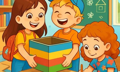 A 6-year-old girl named Maya, with long brown hair and sparkling eyes, joyfully smiles while holding a large colorful cardboard. She wears a bright yellow t-shirt and denim pants, and has a small red backpack with a silver star. Next to her, a 6-year-old boy named Ben, with messy blonde hair and a blue cap, helps her hold the cardboard while laughing. Another girl, Layla, also 6 years old, with curly hair and a floral dress, leans over a table, drawing stars with colored pencils. The scene takes place in a bright classroom with light blue walls, shelves filled with colorful books, and windows letting in sunlight. In the center of the room, a large blackboard is covered with children's drawings. Maya and her friends are building a sharing box, surrounded by pieces of cardboard, scissors, and rolls of tape, while laughing and encouraging each other. The atmosphere is joyful and creative, filled with energy and camaraderie.