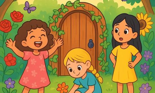 Há 3 personagens: Clara, uma menina de 5 anos com cabelos cacheados castanhos, vestindo um vestido rosa com flores, rindo com os braços levantados em frente à porta de madeira do jardim secreto; Luna, uma menina de 5 anos com cabelos loiros trançados, vestida com uma túnica azul, agachada examinando uma pequena flor colorida perto da porta; e Estrela, uma menina de 5 anos com cabelos lisos pretos, vestida com um vestido amarelo, em pé com as mãos na cintura, olhando maravilhada para o jardim. O local é um jardim secreto encantador, repleto de flores vibrantes como rosas vermelhas, girassóis amarelos e violetas delicadas, com raios de sol filtrando através das folhas das árvores. As três meninas estão descobrindo a porta do jardim secreto, com expressões de surpresa e alegria, cercadas por flores e borboletas coloridas, criando uma atmosfera de sonho e aventura.