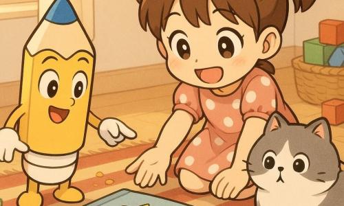 Penny, una piccola mina di matita gialla antropomorfica, guarda meravigliata e sorridente; porta un piccolo cappello blu e una gomma bianca sorridente e indica dolcemente un libro sul pavimento. Mia, una bambina di 5 anni con capelli castani a treccine, è accovacciata con un largo sorriso sollevato e la mano tesa verso il libro, indossa un vestito rosa a pois bianchi. Puf, un gatto tondeggiante e soffice grigio e bianco, ha gli occhi curiosi ed è seduto accanto a Mia con un pezzetto di nastro argentato attaccato alla zampa. Il libro è su un tappeto a righe rosse e beige; intorno ci sono un cesto di giocattoli e alcuni cubi. Scena principale: la gioiosa scoperta di un piccolo adesivo a forma di stella sulla copertina del libro, illuminata da una luce soffusa di finestra, atmosfera calda e giocosa, composizione chiara con i personaggi in primo piano.