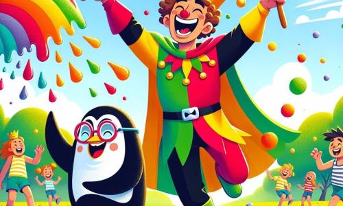 Zé Risadinha é um homem alegre, com um grande sorriso e cabelos cacheados castanhos. Ele usa uma capa colorida, vermelha e amarela, e botas verdes. Ele dança entusiasticamente, levantando os braços, cercado por nuvens de sorvete colorido que voam ao seu redor, mostrando sua felicidade contagiante. Maluco Pinguim, um homem de rosto redondo e óculos redondos, tem cerca de 30 anos. Ele veste um traje de pinguim preto e branco com uma gravata borboleta vermelha. Ele está ao lado de Zé Risadinha, rindo e tentando dançar enquanto segura uma grande colher de pau, pronto para misturar o sorvete. O local é um parque ensolarado, cheio de árvores verdes e flores coloridas. Crianças brincam ao redor, rindo e correndo, enquanto pedaços de sorvete multicoloridos caem do céu, criando uma atmosfera festiva e alegre. A cena principal mostra Zé Risadinha e Maluco Pinguim dançando de forma hilária para acalmar uma máquina de sorvete que acabou de explodir, enquanto as crianças ao redor se divertem tentando pegar os pedaços de sorvete que voam pelo ar.