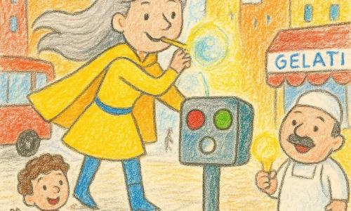 Una supereroina sorridente e gioiosa, capelli lunghi argento, mantello giallo vivo e stivaletti blu, al centro in movimento con espressione benevola e concentrata soffia delicatamente in una piccola cannucce luminosa davanti a un robot-semaforo quadrato in primo piano che, con occhi-luce lampeggianti rosso, verde e blu, emette bolle di sapone luminose; a sinistra un bimbo di circa 5 anni dai capelli castani e ricci guarda sbalordito salutando vicino a un autobus rosso; a destra un gelataio rotondo e ridente di circa 40 anni, pelle chiara e baffi, tiene un cono di gelato luminoso davanti a una piccola gelateria; strada cittadina con grandi edifici colorati, marciapiedi dettagliati, passanti stilizzati, pavé e cielo azzurro; situazione comica, colori vivaci, tratti morbidi, texture matita e acquerello leggero.