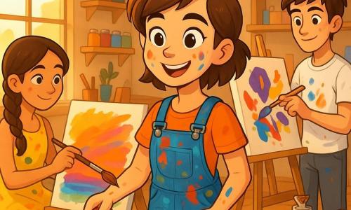 Lily, about 22, smiling and inspired, short brown hair with a rebellious strand, paint-smudged face and brightly stained denim overalls, holds a large brush loaded with red and blue paint in front of a big canvas where she paints colorful birds; Mia, about 21, with long braided hair and a paint-stained yellow dress, sits left painting a sunset with broad orange and magenta strokes; Max, about 19, tousled hair, white T-shirt and gray pants, stands right experimenting with abstract shapes using palette knives at a small easel; they work together in a bright studio with wooden floors, a large arched window with golden light, shelves of paint jars and brushes, stacked canvases, hanging string lights and a few potted flowers, laughing as paint splashes, rich saturated colors, thick paint textures, medium-shot composition with warm light highlighting joyful expressions.