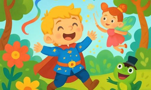 A young prince with golden hair and sparkling eyes, wearing a blue tunic adorned with shimmering stars, dances on a large green leaf, laughing heartily. Beside him, a small fairy with bright, colorful wings, around 5 years old, twirls in the air, scattering golden glitter around them. Nearby, a frog in a top hat, with a mischievous smile, happily jumps on a stone by a sparkling pond. The setting is an enchanted kingdom, with spiraled tree trunks, giant brightly colored flowers, and a blue sky dotted with fluffy clouds. In the center of this magical scene, the prince and his friends chase a colorful ribbon dancing in the wind, creating an atmosphere of joy and laughter.