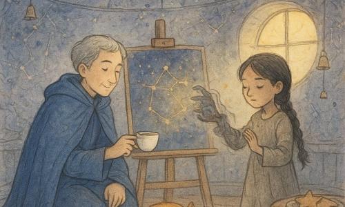 An elderly male sorcerer named Lin with a gentle face and short gray hair kneels before a large star map on an easel, wearing a flowing blue cloak and offering a cup of tea with a calm, reassuring expression; to his right Mira, a 10-year-old apprentice girl with braided black hair and fair skin, places a shadowy, scarf-like hand on the map, eyes closed and both curious and brave; a round ginger cat purrs on the worn wooden circular floor; the round cartography room has walls and ceiling covered in shimmering ink maps with silver-lined constellations and blue-violet ink spots, hanging bell garlands, a wooden easel and a low table with star-shaped cookies; Lin and Mira soothe angry magic as electric ink calms, constellations shift from stormy blue to soft gold, tiny sparks and ink dust rise like fireflies in warm golden light from a round window.