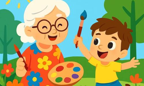 An elderly woman, Miss Lily, smiling and cheerful, is sitting in her sunny garden. She has silver hair, round glasses, and wears a bright floral dress. She holds a red brush in one hand and a colorful paint palette in the other, surrounded by vibrant flowers. Next to her, a little boy named Tommy, 6 years old, with messy brown hair and sparkling curious eyes, joyfully dances. He is wearing a yellow t-shirt and blue shorts, holding a colorful brush, ready to paint. The garden is filled with multicolored flowers, tall green trees, and a clear blue sky, creating a joyful and inspiring atmosphere. The scene shows Miss Lily sharing her passion for art with Tommy, who is having fun painting and dancing, illustrating the magic and joy of creativity.