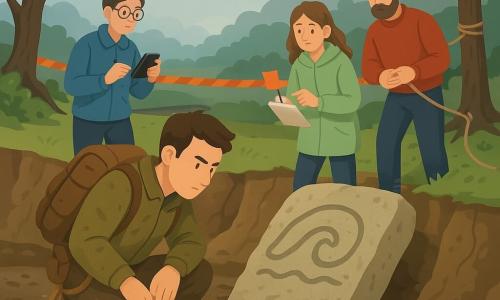 An explorer man with a calm, determined face, short brown hair, a dirt-stained khaki jacket, heavy backpack and rope at his waist crouches on a plank platform at the edge of a collapse, examining a large stone slab carved with a wave symbol; to his left a female geologist in her mid-30s with hair in a bun, round glasses and a blue jacket stands by a root mat taking photos and notes; a 16-year-old female assistant with long chestnut hair and a light green raincoat holds small orange flags and sketches on a clipboard near a tree; a logistics man in his 30s with a short beard and red sweater secures a rope to a sturdy tree and monitors ground stability from the background right. The site is a high river terrace with layered sediment walls, wet gravel, a mud pool and a collapse revealing a formerly sealed slab, alders at the edge, orange hazard tape fluttering and a heavy-clouded misty morning. The team cautiously protects and documents the exposed ancient stone 