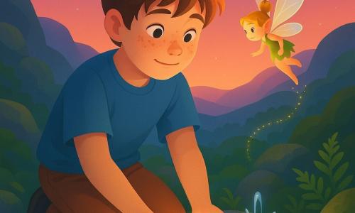 A young boy of about 12 with a round freckled face and tousled brown hair kneels with his hands in a sparkling clear spring; a tiny glowing woodland fairy with iridescent translucent wings floats at his shoulder, looking mischievous and trailing gold dust; on a rocky valley-top at dusk—mossy rocks, bright green ferns, small crystal jets from a round cavity, a pink‑orange sky with early stars—the boy discovers the source of the Zora stream at sunset in a calm, magical moment with light reflecting on the water and a peaceful atmosphere.