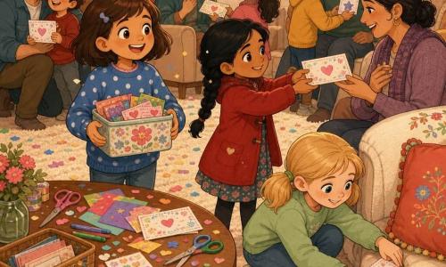 Three 7-year-old girls—Mia with bobbed brown hair in a blue polka-dot sweater holding a floral tin, Noor with braided black hair in a red coat offering a decorated coupon, and Ellie with blonde pigtails in a light green sweatshirt crouching by a small round wooden table to slip a coupon under a cushion—are in a warm, festive living room with a cream rug, red curtains, a decorated sofa and a table of scissors, colored papers and stickers; they hand out handmade New Year’s “good-for” coupons and boxes to adults and children nearby as confetti drifts down, creating a cozy, light-filled atmosphere.