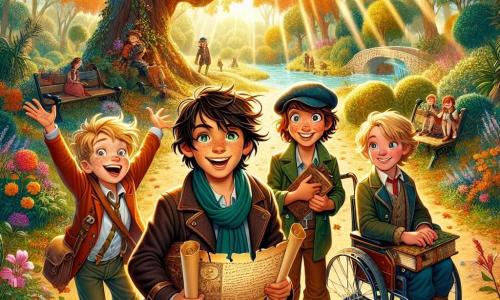 In an enchanted park, four little adventurers gather under a large oak with golden leaves. Max, a 10-year-old boy with messy brown hair and sparkling eyes, holds an old parchment in his hands, wearing a big smile. Next to him, Leo, a 9-year-old boy with blonde hair and round glasses, points excitedly at a mysterious path. Sam, an 8-year-old boy with brown hair and freckles, joyfully dances with his arms raised, while Ethan, a 10-year-old boy in a wheelchair, proudly smiles, holding a notebook filled with notes and drawings. The park is filled with colorful flowers swaying in the wind, majestic trees, and sunlight filtering through the branches, creating a magical atmosphere. In the distance, a small stream sparkles, adding a refreshing touch to the enchanting landscape. The four friends are on a quest to discover hidden treasure, surrounded by an atmosphere of adventure and camaraderie, ready to solve puzzles and explore the wonders ahead.
