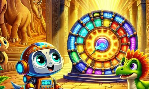Zippy, un piccolo robot esploratore dai colori vivaci e dagli occhi scintillanti, si trova al centro dell'immagine, abbagliato dalla scoperta di una macchina del tempo brillante, circondata da pulsanti colorati. La sua espressione mostra grande curiosità ed eccitazione mentre tende una mano metallica verso l'apparecchio misterioso. Alla sua destra, un giovane triceratopo dalle scaglie verdi e dagli occhi vivaci guarda Zippy con ammirazione, pronto ad aiutarlo in questa avventura. A sinistra, un piccolo dinosauro piumato, con un piumaggio colorato e un sorriso amichevole, si avvicina a Zippy, ansioso di scoprire le meraviglie del futuro. Lo sfondo è un antico tempio preistorico, con muri decorati da incisioni di animali e piante, illuminato da una luce dorata che filtra attraverso aperture nel soffitto. La scena è circondata da felci giganti e rocce coperte di muschio, creando un'atmosfera magica e misteriosa. La situazione principale mostra Zippy, stupito, mentre scopre la macchina del tempo, mentre i due dinosauri lo osservano con fascinazione, pronti a seguirlo nel suo viaggio attraverso i secoli.