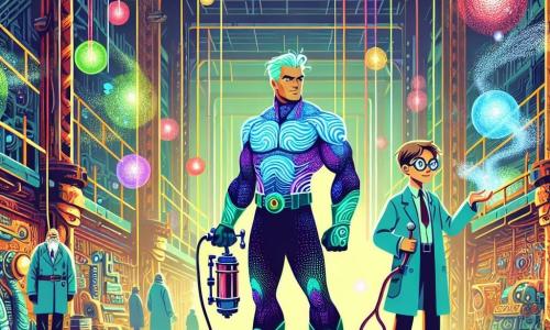 AquaManuel, un hombre musculoso con cabello azul-verde, se encuentra en el centro de un misterioso hangar, mostrando una determinación brillante. Lleva un traje de superhéroe brillante, decorado con patrones de olas, y sostiene un compresor de aire en una mano, listo para actuar. A su lado, Lila, una niña de diez años con trenzas castañas y ojos brillantes, observa con una sonrisa confiada, sosteniendo una válvula de agua que acaba de abrir. El hangar es vasto y desordenado, lleno de globos de colores flotando, cables eléctricos en el suelo y luz filtrándose a través de ventanas polvorientas. Al fondo, extrañas máquinas zumban, creando una atmósfera intrigante y caótica. La situación principal muestra a AquaManuel y Lila uniendo fuerzas para neutralizar globos gigantes que amenazan con escapar, mientras el profesor Viento, un hombre mayor con gafas redondas y expresión sorprendida, observa, dándose cuenta de que ha subestimado el poder de la amistad y la creatividad.