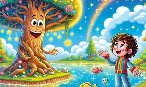 Um homem chamado Zico, com cabelos cacheados e um traje espacial colorido, observa maravilhado um lago mágico que brilha como estrelas. Seu rosto expressa alegria e admiração, e seus olhos brilham de felicidade. Ao seu lado está uma árvore antropomórfica, a 