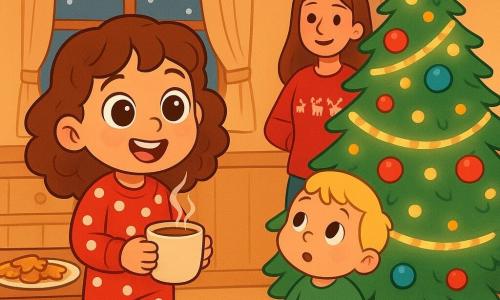 Een klein meisje van 4 jaar, Lotte, met grote glanzende ogen en krullend kastanjebruin haar, glimlacht vrolijk terwijl ze een dampende mok warme chocolademelk vasthoudt. Ze draagt een rode pyjama met witte stippen en pantoffels in de vorm van een rendier. Naast haar kijkt haar 2-jarige broertje Sam, met ronde wangen en blond haar, verwonderd naar de grote kerstboom versierd met fonkelende slingers en gekleurde ballen. Hun moeder, een glimlachende vrouw in een rode trui met rendierpatronen, staat bij de tafel waar gouden kerstkoekjes zijn uitgestald. De keuken is warm, met lichte houten muren, zachte verlichting en een raam waar je de sneeuw zachtjes naar buiten ziet vallen. Lotte en Sam zijn omringd door een feestelijke sfeer, vol gelach en warmte, terwijl ze zich voorbereiden om samen Kerst te vieren.