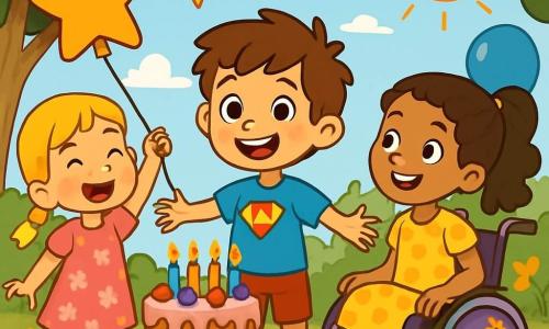Hay 3 personajes: - Lucas: un niño de 10 años, con el cabello castaño desordenado y ojos brillantes. Lleva una camiseta azul con un diseño de superhéroe y un pantalón corto rojo. Está en el centro de la imagen, sonriendo, rodeado de sus amigos. - Carla: una niña de 10 años, con cabello largo y rizado, recogido en una coleta. Está en una silla de ruedas decorada con pegatinas coloridas. Lleva un vestido amarillo con lunares y sonríe alegremente a Lucas. - Sofia: una niña de 6 años, con cabello rubio y trenzas. Viste un vestido rosa con flores y sostiene un globo en forma de estrella. Está al lado de Lucas, levantando el globo con entusiasmo. El lugar es un jardín soleado, lleno de guirnaldas coloridas colgadas entre los árboles. Hay una gran mesa con un enorme pastel de cumpleaños decorado con velas y frutas. Globos flotan en el aire y flores multicolores bordean el camino. La situación principal muestra a Lucas, Carla y Sofia celebrando el cumpleaños de Lucas. Ríen y se divierten, rodeados de decoraciones festivas, mientras los rayos del sol iluminan sus rostros alegres.
