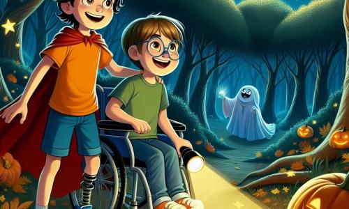 There are two boys: Max, 10 years old with messy brown hair and a big smile, wearing an orange t-shirt and blue shorts, stands on the left holding a flashlight that lights the path. Next to him, Leo, also 10, is in his blue wheelchair, with sparkling eyes and a flowing red cape, laughing joyfully. Their environment is an enchanted forest, with tall, twisting trees and golden leaves shimmering under the full moonlight. Shadows dance on the ground, and stars shine in a deep night sky, creating a mysterious and magical atmosphere. The main scene shows the two friends discovering a small glowing ghost named Wisp, floating joyfully above them, while a large, grumpy pumpkin with a friendly smile watches them from a corner of the clearing, ready to share laughs and treasures.