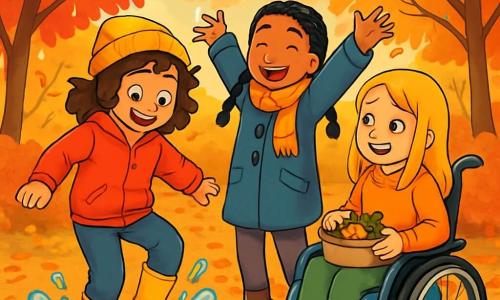 Er zijn 3 personages: - Noor: een 10-jarig meisje met krullend bruin haar, gekleed in een rode jas en een gele muts. Ze springt in een plas water en spettert druppels om zich heen. - Malika: een 10-jarig meisje met gevlochten zwart haar, in een blauwe jas en een oranje sjaal. Ze staat naast Noor, lacht en steekt haar armen in de lucht. - Jinte: een 10-jarig meisje met steil blond haar, zittend in een mooie rolstoel versierd met kleurrijke stickers. Ze glimlacht terwijl ze naar haar vriendinnen kijkt en houdt een klein mandje vast met bladeren en eikels. De locatie is een herfstpark, vol bomen met bladeren in vurige tinten van rood, oranje en geel. De grond is bedekt met een tapijt van dode bladeren en regendruppels schitteren op de takken. Op de achtergrond is een bewolkte lucht te zien met zonnestralen die door de wolken breken. De hoofdscène toont de drie vriendinnen die genieten van een herfstdag, samen spelen in de plassen na een lichte regen, omringd door de kleurrijke schoonheid van de natuur.