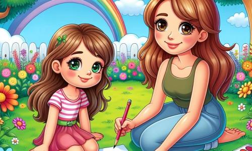 Una bambina di 4 anni, Sofia, con lunghi capelli castani e occhi vivaci, è seduta sull'erba verde del suo giardino colorato. Ha un sorriso dolce ma mostra una leggera tristezza, tenendo una matita in una mano e un disegno di arcobaleno nell'altra. Accanto a lei, sua madre, una donna di circa trent'anni con capelli castani e un sorriso rassicurante, è accovacciata, incoraggiandola con tenerezza mentre tiene una tavolozza di colori vivaci. Il giardino è pieno di fiori brillanti di tutti i colori, con un grande albero sullo sfondo, le cui branche si estendono come braccia protettive. Il cielo è blu con alcune nuvole bianche e soffici, creando un'atmosfera pacifica e gioiosa. Sofia e sua madre stanno disegnando insieme, trasformando il loro momento di creatività in un'avventura in cui i fiori diventano personaggi delle loro storie.