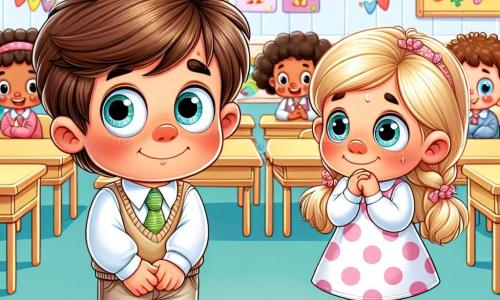 Um menino de 4 anos, com olhos grandes e redondos e cabelos castanhos bagunçados, está de pé em uma sala de aula iluminada. Ele tem uma expressão nervosa, com as bochechas levemente vermelhas, e olha timidamente para os colegas. Ao seu lado, uma menina de 4 anos, com cabelos loiros trançados e um sorriso encorajador, o observa com carinho. A sala de aula é colorida, com cartazes de letras e animais nas paredes, mesas de madeira clara e cadeiras multicoloridas. Ao fundo, crianças sentadas em tapetes riem e brincam, criando uma atmosfera alegre, mas um pouco intimidadora para o menino. A cena principal mostra o menino, com as mãos tremendo, respirando fundo antes de falar para os colegas, enquanto a menina o incentiva com um olhar amigável.