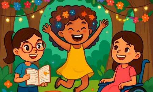 Hay 3 personajes: Lía, una niña de 8 años con cabello rizado y colorido, adornado con pequeñas flores, que lleva un vestido amarillo brillante y salta alegremente en el centro de la imagen; Valeria, una niña de 9 años con gafas brillantes y cabello liso recogido en una coleta, que viste una camiseta azul y un short de mezclilla, sosteniendo un libro abierto y sonriendo curiosamente; y Sofía, una niña de 8 años con una sonrisa radiante, sentada en una bonita silla de ruedas azul, con cabello castaño y un vestido rosa, mirando a sus amigas con entusiasmo. El escenario es un claro en un bosque encantado, rodeado de árboles de troncos gruesos y hojas verdes brillantes, con guirnaldas de flores coloridas y luces centelleantes. En el suelo, una alfombra de flores multicolores y suaves cojines invitan a sentarse y jugar. La situación principal muestra a las tres amigas preparando una gran fiesta para celebrar la igualdad, con Lía saltando de alegría, Valeria leyendo en voz alta ideas de juegos, y Sofía sonriendo, rodeada de decoraciones coloridas, creando una atmósfera de felicidad y unidad.