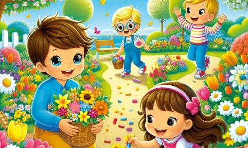 Al centro dell'immagine, quattro bambini sono riuniti in un giardino primaverile. Luca, un ragazzo di 8 anni con capelli castani e occhi vivaci, sta raccogliendo fiori gialli, sorridendo ampiamente. Alla sua destra, Marco, un ragazzo di 7 anni con capelli biondi e occhiali rotondi, tiene un secchio pieno di fiori colorati, guardando con entusiasmo il suo amico. A sinistra di Luca, Sara, una ragazza di 6 anni con lunghi capelli castani e un vestito rosa, è accovacciata, disegnando motivi colorati con gessetti sul pavimento. Infine, Tommaso, un ragazzo di 9 anni in sedia a rotelle, ha un grande sorriso e tiene un mazzo di fiori in mano, guardando i suoi amici con gioia. Il giardino è pieno di fiori brillanti di tutti i colori: tulipani rossi, margherite bianche e narcisi gialli, mentre alberi in fiore bordano il sentiero. Il cielo è di un blu intenso, punteggiato da alcune nuvole bianche e soffici, e il sole splende, illuminando la scena con una dolce luce dorata. I bambini stanno preparando una festa per celebrare l'arrivo della primavera, circondati da risate e gioia, con decorazioni colorate e fiori sparsi intorno a loro.