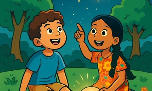 Ci sono 2 personaggi principali: Samir, un ragazzo di 12 anni con capelli castani e ricci, indossa una maglietta blu e pantaloni corti beige; è seduto sull'erba, con gli occhi brillanti di eccitazione, guardando una stella scintillante nel cielo. Leyla, una ragazza di 12 anni con lunghi capelli neri intrecciati, indossa un vestito colorato a fiori; è accanto a Samir, indicando la stessa stella, con il viso illuminato dalla luce della notte. La scena si svolge in un parco verdeggiante sotto un cielo notturno stellato, circondato da alberi maestosi e foglie che danzano nel vento. Samir e Leyla, meravigliati, scoprono una stella misteriosa che brilla intensamente, mentre una dolce luce emana da una pietra magica trovata, illuminando i loro volti di stupore e avventura.