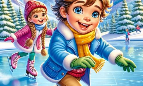 Un niño de 5 años, Lucas, con cabello castaño despeinado y mejillas sonrosadas, sonríe con asombro mientras patina sobre un lago helado. Lleva un abrigo azul brillante, una bufanda amarilla y guantes verdes, sus ojos brillan de alegría y emoción. A su lado, una niña de 6 años, Sofía, con largos cabellos rubios trenzados y un gorro rojo, lo anima riendo. Ella lleva un abrigo rosa y patines brillantes, deslizándose con gracia sobre el hielo. El paisaje es una hermosa montaña nevada, con pinos cubiertos de nieve y un cielo azul claro. El lago, rodeado de colinas blancas, refleja el sol invernal, creando una atmósfera mágica y alegre. La escena muestra a Lucas aprendiendo a patinar, cayendo ligeramente pero riendo, mientras Sofía lo ayuda a levantarse, ilustrando el espíritu de amistad y aventura del invierno.