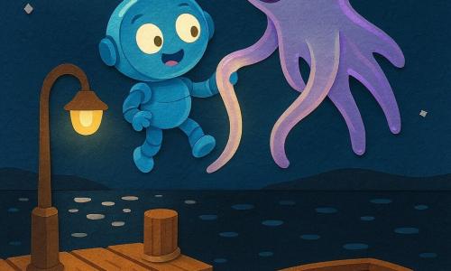 Personaj principal: un mic robot rotund albastru deschis, lucios, cu ochi rotunzi luminoși și expresie uimită și zâmbitoare, agățat de o tentaculă și zburând deasupra portului. Personaj secundar: un extraterestru gelatină argintiu, translucid cu reflexii violete și ochi verzi perlat, cu expresie blândă și concentrată, ținând robotul în zbor cu o tentaculă luminată, puțin în dreapta robotului. Alt element: o barcă mică de lemn îmbătrânită, pe apă lângă chei, cu o etichetă din frânghie, oferind senzația de calm și siguranță, jos în cadru. Locație: un vechi chei din lemn noaptea, scânduri texturate brun-oranj, un felinar cald proiectând un cerc de lumină galbenă moale, mare întunecată cu reflexii argintii și pete de lună. Situație: robotul și extraterestrul zboară împreună deasupra portului sub lună, scenă tandră și magică, compoziție simplă, culori contrastante (albastru, argintiu, galben), umbre moi, atmosferă caldă și liniștită.