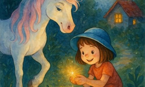 O unicornă albă cu blană nacrată și coamă roz-pal și albastră ca zahărul de vată, corn auriu care pâlpâie, cu privire blândă și mândră, stă lângă Mara, o fetiță de circa 6 ani cu părul brun caschetă și o pălărie albastră, ghemuită și zâmbitoare ținând o mică sferă luminoasă; Pufi, un spiriduș mic cu pălărie verde ascuțită și nas roșu rotund, sare de bucurie cu brațele ridicate lângă o clopoțelă luminoasă; pe un potec de grădină noaptea, iarba umedă verde închis, frunze lucioase, o casă de piatră cu acoperiș roșu și fereastră luminată în fundal și luna caldă care proiectează umbre lungi; scena arată fetița dând o scânteie aurie clopoțelei, unicornul paznic privind cu blândețe și spiridușul aplaudând, lumină caldă, stropi acuarelă în jurul personajelor, atmosferă calmă și magică.