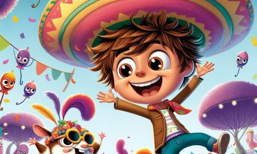 Um menino de 6 anos, chamado Tomás, com cabelo castanho bagunçado e olhos brilhantes de curiosidade, usa um grande chapéu colorido que parece muito grande para ele. Ele sorri amplamente, com os braços levantados, dançando alegremente em um mundo fantástico. Ao seu lado, o Coelho Zé, um porquinho-da-índia antropomórfico, com óculos de sol e um pequeno lenço vermelho no pescoço, pula rindo, acrescentando à atmosfera festiva. O cenário é um parque mágico onde as árvores são roxas e as flores dançam ao ritmo da música. Gelatinas de cores vivas flutuam no ar, enquanto peixes cantores nadam em um lago cintilante próximo. A cena principal mostra Tomás e o Coelho Zé participando de uma grande festa, cercados por nuvens risonhas que lançam confetes coloridos, celebrando sua vitória em uma corrida maluca. Os personagens estão imersos em uma atmosfera alegre e absurda, onde tudo parece possível e mágico.