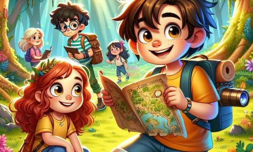 A 10-year-old boy, Max, with messy brown hair and sparkling curious eyes, holds an old treasure map in his hands, displaying a big excited smile. Next to him, Lily, a 10-year-old girl with curly red hair, wearing a bright yellow t-shirt and denim shorts, gazes at the map in wonder, her eyes shining with enthusiasm. In the background, Sam, a 10-year-old boy with round glasses and fair skin, examines a gadget in his backpack, while Mia, a 10-year-old girl holding a sketchbook, draws majestic trees and forest animals. They are in an enchanted forest, where sunlight filters through green leaves, illuminating the ground covered with colorful flowers and soft moss. The scene is filled with magic, with thick-trunked trees and twisted roots creating a mysterious path. The main situation shows Max and his friends discovering an old treasure map, ready for adventure, their faces radiant with anticipation and joy, surrounded by the natural beauty of the forest.