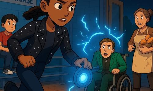 The main character is a tall, slim woman with a curious face and determined brows, wearing a short black jacket dotted with white star‑like lights, her hair in a braided crown and brown skin, running right while holding a small metallic disc that emits a blue glow. A secondary character, Mrs. Sato, about 40, a baker with gray‑brown tied hair and a floury apron, stands relieved in the entrance of a community center behind the heroine holding a bag of warm buns. Another secondary is a ~12‑year‑old boy with short black hair sitting on left bleachers, hugging a small robot, calm but slightly worried. The antagonist, shown as a young man, sits in a wheelchair at the center of the gym in a green scale‑patterned suit with a crackling coil necklace, surprised and frustrated beside a vibrating glowing mechanical ring. The setting is a school gym transformed into an exhibition: shiny wooden floor with white lines, metal bleachers, a colorful “Robotics Showcase” poster, flickering electric blue lighting and open doors to a dark park. The main situation is a dramatic but safe confrontation—the heroine channels energy into a small lure‑disc placed on a portable battery to divert a large electric pulse toward the park fountain as blue lightning arcs around the mechanical ring and children and adults step back, creating a scene of tension, motion, and hope.