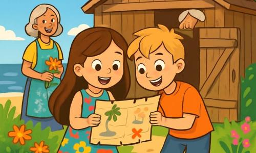 An 8-year-old girl with long brown hair and sparkling curious eyes stands in front of an old wooden boathouse, her face beaming with excitement and wonder. She wears a colorful floral dress and sandals, holding a treasure map in her hands, her eyes wide with adventure. Next to her, a 9-year-old boy with messy blonde hair and a mischievous smile looks at the map with a sense of camaraderie, ready to help her in her quest. A little further away, a woman in her fifties with silver hair and a floral apron smiles warmly, holding a small bouquet of wildflowers, as if encouraging the children to explore. The boathouse in the background is made of weathered wood, with creaky wooden doors, surrounded by a wild garden where colorful flowers and fragrant herbs grow. The sky is bright blue, dotted with fluffy white clouds, and the gentle sound of waves can be heard in the distance. The main scene shows the girl and boy examining the treasure map, their faces lit up with the excitement of discovering the hidden secret of the boathouse, while the woman watches over them kindly, ready to support them in their adventure.