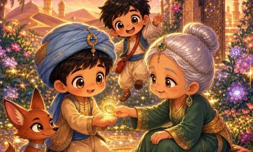 A young man, Samir, round-faced with bright wide eyes and a shy smile, holds a small gleaming ring; beside him Omar, about ten, short black hair, laughing and hopping with a small red satchel over his shoulder slightly behind to the right; an elderly woman, the garden keeper, about 70, silver hair in a bun, gentle eyes, wearing a long green gold-embroidered dress and seated on a small cushion, reaches out to give the ring to Samir; a small red jackal with mischievous eyes sits at Samir’s feet wearing a thin silver collar and watching the ring; setting: a secret garden in the Valley of Mirages with shimmering-petaled flowers, golden mosaic paths, luminous dunes and a half-open carved stone gate, rosy twilight light with tiny stars; main scene: the giving of a magic ring — a tender, luminous moment of joyful wonder with a warm, safe atmosphere and warm colors (gold, pink, blue) with sparkling details around the ring.