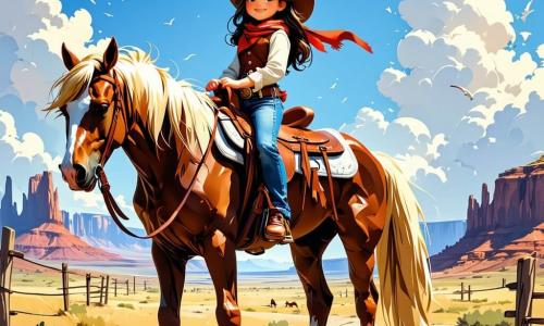 Clara, uma jovem cowgirl de 12 anos, está orgulhosamente em seu cavalo Estrela, um magnífico mustangue de crinas douradas, com um olhar determinado e olhos cheios de curiosidade. Ela usa um chapéu de cowgirl, um colete de couro e um lenço vermelho no pescoço, segurando firmemente as rédeas enquanto observa o horizonte. Ao lado dela, Tom, um garoto de 12 anos com cabelos castanhos bagunçados e um sorriso travesso, admira Clara, segurando um mapa de papel, como se estivesse planejando a próxima aventura. O cenário é um vasto deserto do sudoeste americano, com dunas de areia dourada, cactos e arbustos secos, sob um céu azul brilhante com algumas nuvens brancas e um sol intenso. A cena principal mostra Clara e Tom discutindo entusiasticamente sua próxima aventura enquanto se preparam para explorar o deserto, cheios de excitação e coragem diante do desconhecido.