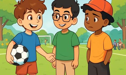 There are three characters: 

- Max: An 11-year-old boy with messy brown hair and sparkling eyes. He wears a blue t-shirt, red shorts, and white sneakers. He stands on the left, smiling, holding a soccer ball. 

- Imran: An 11-year-old boy of Pakistani descent, with black hair and glasses. He wears a green t-shirt, beige pants, and sandals. He is in the center, looking at Max with a knowing smile. 

- Jordan: A 12-year-old boy of African-American descent, with curly hair and a red cap. He wears an orange t-shirt and black shorts. He is on the right, slightly back, with his hands in his pockets, showing an apologetic expression. 

The main setting is an outdoor soccer field surrounded by green trees and flowering bushes. The sky is blue with a few fluffy white clouds, and the sun is shining, illuminating the playground. Children are playing in the distance, and parents are sitting on wooden benches. 

The main situation shows Max and Imran talking to Jordan after a soccer match. Max is smiling and reaching out to Jordan, while Imran listens attentively, ready to support the conversation. The atmosphere is friendly and warm, with bright colors evoking hope and camaraderie.