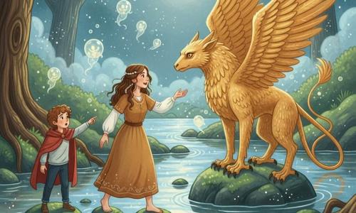 Aisha, soft-faced and brown-skinned with braided black hair threaded with beads, reaches toward a majestic griffin while walking on glowing stones in a sparkling river under a full moon; an about-eight-year-old boy with chestnut curls in a red coat stands on the left bank, surprised and pointing; the griffin has molten-gold feathers, shining amber eyes and powerful talons atop a large rock; translucent spirit-like glowing bubbles float above the water, emerald-moss banks and large trees with tangled roots rise in a light shimmering mist—a solemn, magical encounter with warm gold and cool blue-silver contrasts, mysterious and benevolent.