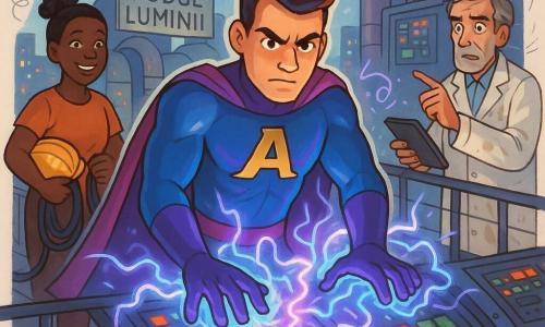 Un bărbat, Aurel, în costum de supererou albastru și purpuriu strălucitor, față concentrată, sprâncene încruntate, mâinile pe un panou de control care emană fulgere albastre și violete; un om de 50 de ani, om de știință cu păr șaten cu fire albe, halat murdar de ulei, privește îngrijorat și indică o tabletă lângă console; o femeie de aproximativ 30 de ani, inginer, păr prins în coc, cască galbenă sub braț, zâmbet de ușurare, ține cabluri lângă erou în stânga; locul: 