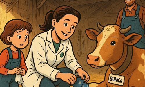 Veterinară cu față caldă și zâmbitoare, păr brun prins în coadă, halat alb cu un nasture verde în formă de frunză, ghemuită și înfășurând un bandaj albastru cu stele argintii la laba din spate a unei vaci; fetiță de ~8 ani cu păr castaniu scurt, cizme de cauciuc ușor murdare, ține un prosop alb și privește fascinată, ajutând cu brațele întinse, tatăl în jur de 40 de ani, cu barbă scurtă și salopetă, stă puțin în spate zâmbind, mâinile în buzunar, observând din intrarea grajdului; vaca „Bunica”, mare, culoare brun deschis cu pete crem, ochi blânzi, culcată pe paie galbene cu laba bandajată; grajd din lemn vechi cu raze de lumină caldă, paie groase, uneltele agățate și un găleată cu apă; stil grafic cald, contrastat, linii clare și contururi negre în stil BD franco-belg, texturi vizibile; compoziție medie apropiată centrată pe veterinară și vacă, fetița în prim-plan stânga, tatăl ușor neclar în fundal, lumină blândă de dimineață, atmosferă liniștitoare, educativă și tandră.