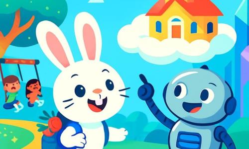 Un coniglietto bianco con grandi orecchie rosa, Bunny, è in piedi su una strada morbida e colorata, con gli occhi spalancati per la gioia e la meraviglia. Ha un pelo setoso e indossa uno zainetto blu pieno di carote. Accanto a lui, un robot amichevole di nome Leo, con un corpo argentato e occhi luminosi, sorride e indica una scuola flottante a forma di nuvola, mostrando un'espressione entusiasta. Il luogo è una città futuristica chiamata Luminaria, dove gli alberi brillano di mille luci e gli edifici di cristallo riflettono colori vivaci sotto un cielo blu splendente. La scena principale mostra Bunny e Leo che esplorano la città, Bunny che salta di eccitazione mentre Leo gli spiega le meraviglie di Luminaria, circondati da bambini che giocano su altalene luminose.