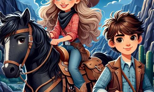 Clara, uma jovem cow-girl de 12 anos, está orgulhosamente em seu cavalo negro chamado Thunder, com seus longos cabelos loiros ao vento e olhos brilhando de determinação. Ela usa um chapéu de cowboy bege, uma camisa xadrez vermelha e um jeans desgastado, segurando firmemente um mapa do tesouro na mão, pronta para a aventura. Ao seu lado, Jake, um jovem vaqueiro de 14 anos, tem um sorriso amigável e cabelos castanhos bagunçados. Ele veste uma camisa azul e um colete de couro, segurando as rédeas de seu cavalo marrom. Ele olha para Clara com admiração, pronto para segui-la em sua busca. O cenário se passa nas Montanhas Sombrias, com picos íngremes e rochas cobertas de musgo, sob um céu azul com nuvens brancas. Cactos e arbustos esparsos adicionam cor à paisagem árida. A situação principal mostra Clara e Jake, determinados e corajosos, se preparando para infiltrar o acampamento dos bandidos e recuperar o tesouro roubado, com uma atmosfera de tensão e excitação no ar.