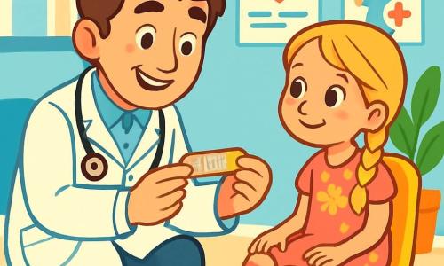 Een man, dokter Bas, glimlachend en warm, draagt een stralend witte labjas en een stethoscoop om zijn nek. Zijn bruine haar is lichtjes in de war en zijn ogen stralen vriendelijkheid uit. Hij praat met een klein meisje van ongeveer 7 jaar oud, dat een schaafwond op haar knie heeft. Ze heeft lange, gevlochten blonde haren en draagt een roze jurk met bloemen. Ze kijkt nieuwsgierig naar de dokter, met een verlegen glimlach op haar gezicht. De scène speelt zich af in een lichte en uitnodigende wachtruimte, met lichtblauwe muren en kleurrijke posters over gezondheid. Speelgoed ligt verspreid over de vloer en een groene plant voegt een vleugje natuur toe. Dokter Bas gaat op zijn knieën om het meisje te onderzoeken, terwijl hij haar een verband laat zien met een geruststellende blik. Het meisje, zittend op een gele plastic stoel, lijkt opgelucht en geïnteresseerd in wat de dokter haar uitlegt.